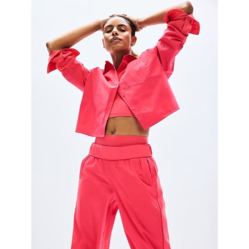 New Athleta XL Midday Cropped Poplin Button Up Shirt Punch Pink X-Large